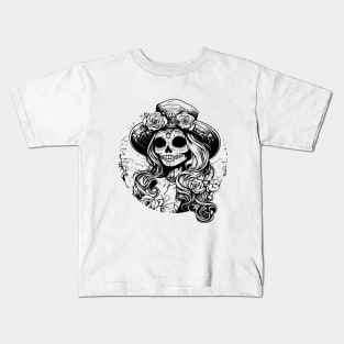 Mexican catrina skull, black and white Kids T-Shirt